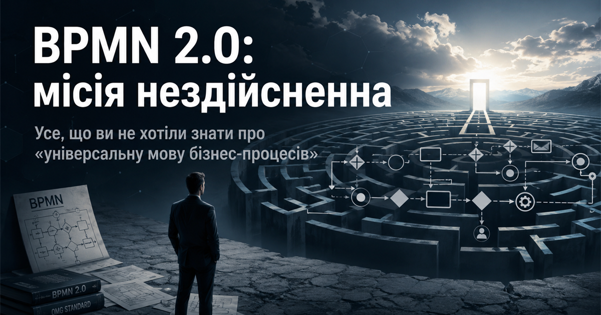 Лабіринт із символами BPMN та людина перед пошуком виходу
